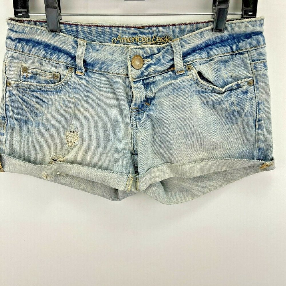 American Eagle Fold Over Blue Distressed Jean Short Shorts Size 4
